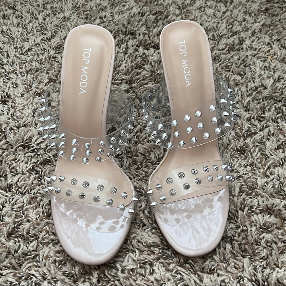 Pink Nude Round Toe Studded Heel